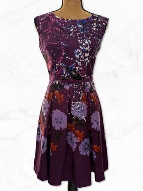 Julian Taylor Plum Floral Fit & Flare Dress Belted Size 6